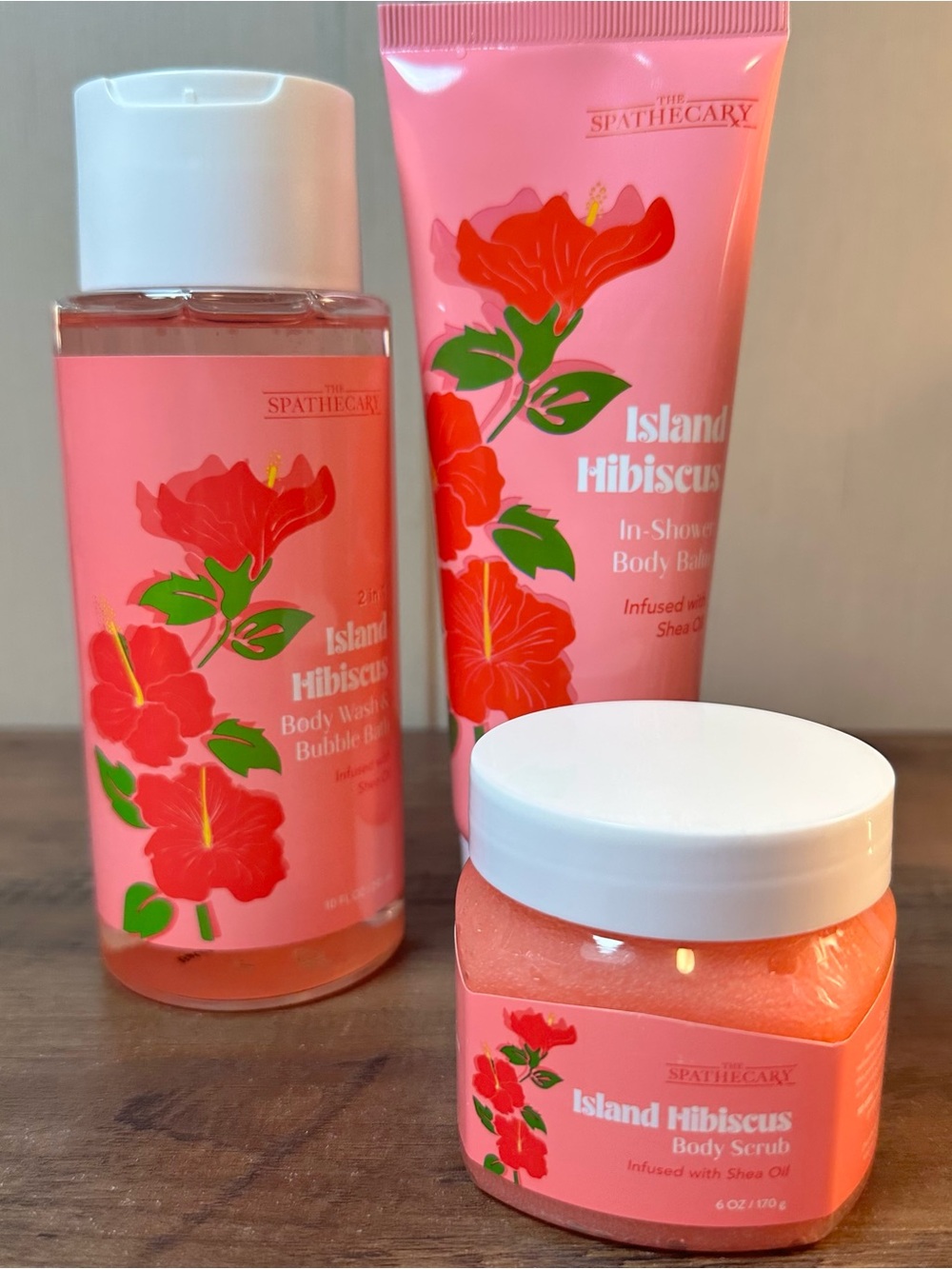 Spathecary Island Hibiscus Bath Set 3 Pc Body Wash Scrub Balm Shea Oil NEW